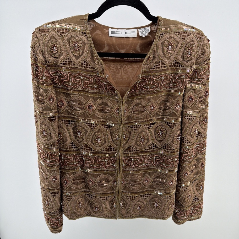 Vintage Scala Heavily Beaded Jacket 100% Silk Women's Medium